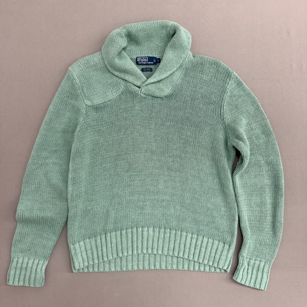 Polo Ralph Lauren Mens Linen Cotton Shawl Collar Sweater Green Elbow Patch‎ L